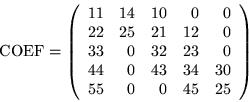 \begin{displaymath}\mbox{COEF} = \left(\begin{array}{rrrrr}
11 & 14 & 10 & 0 & ...
...& 43 & 34 & 30 \\
55 & 0 & 0 & 45 & 25
\end{array} \right)
\end{displaymath}