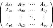 \begin{displaymath}\left(\begin{array}{cccc}
A_{11} & A_{12} & \cdots & A_{1p} ...
...ots \\
A_{p1} & A_{p2} & \cdots & A_{pp}
\end{array} \right)\end{displaymath}