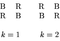 \begin{displaymath}\begin{array}{cc}
\begin{tabular}{cc}
B & R \\
R & B
\e...
... \\
B & R
\end{tabular} \\
& \\
k=1 & k=2
\end{array} \end{displaymath}