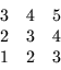 \begin{displaymath}\begin{array}{ccc}
3 & 4 & 5 \\
2 & 3 & 4 \\
1 & 2 & 3
\end{array} \end{displaymath}